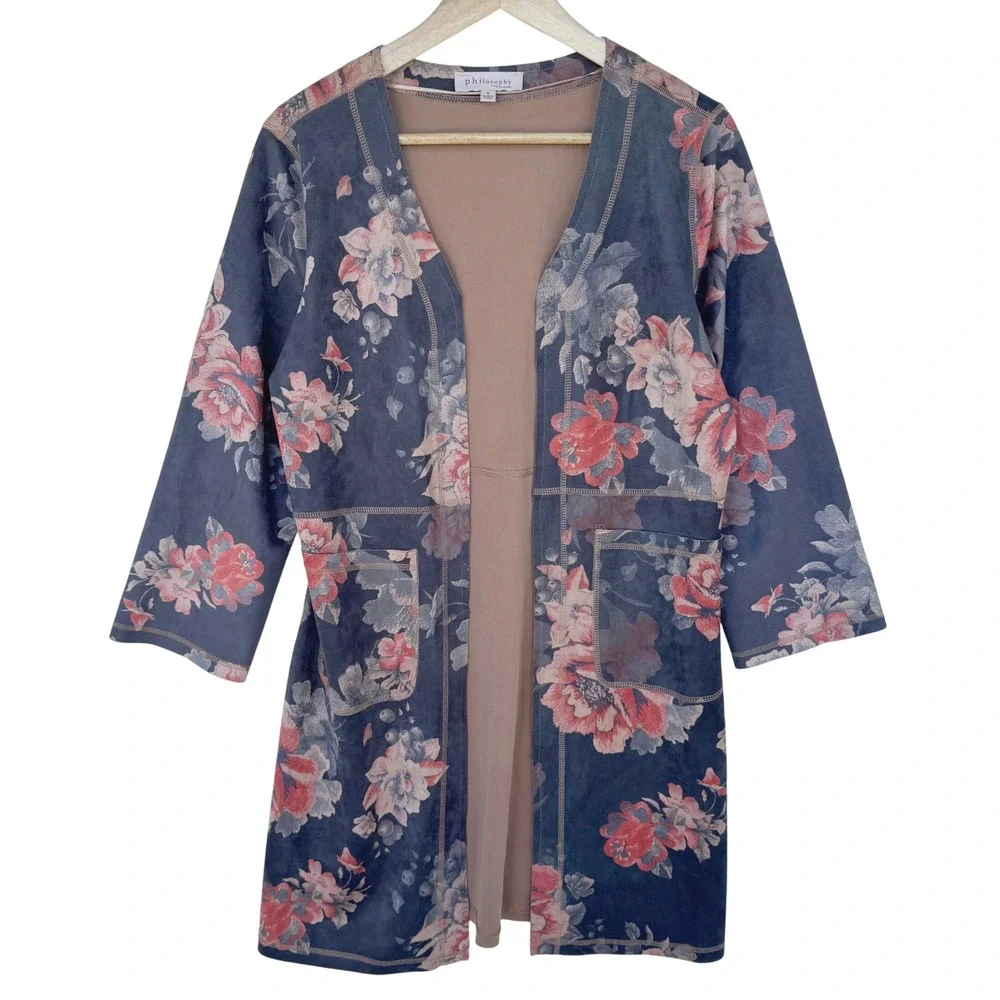 Philosophy Republic Clothing Sz‎ S Faux Leather Floral Kimono Cardigan Coat Boho